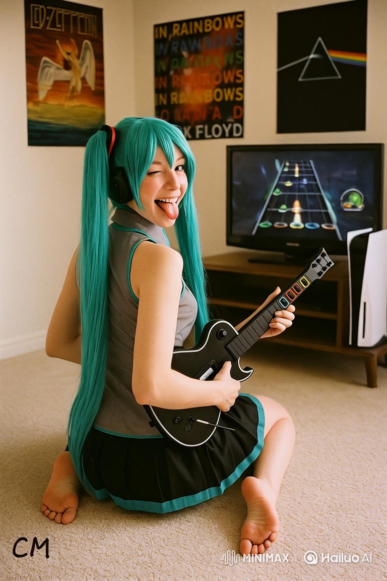 Young Woman in Cosplay Plays Rhythm Game