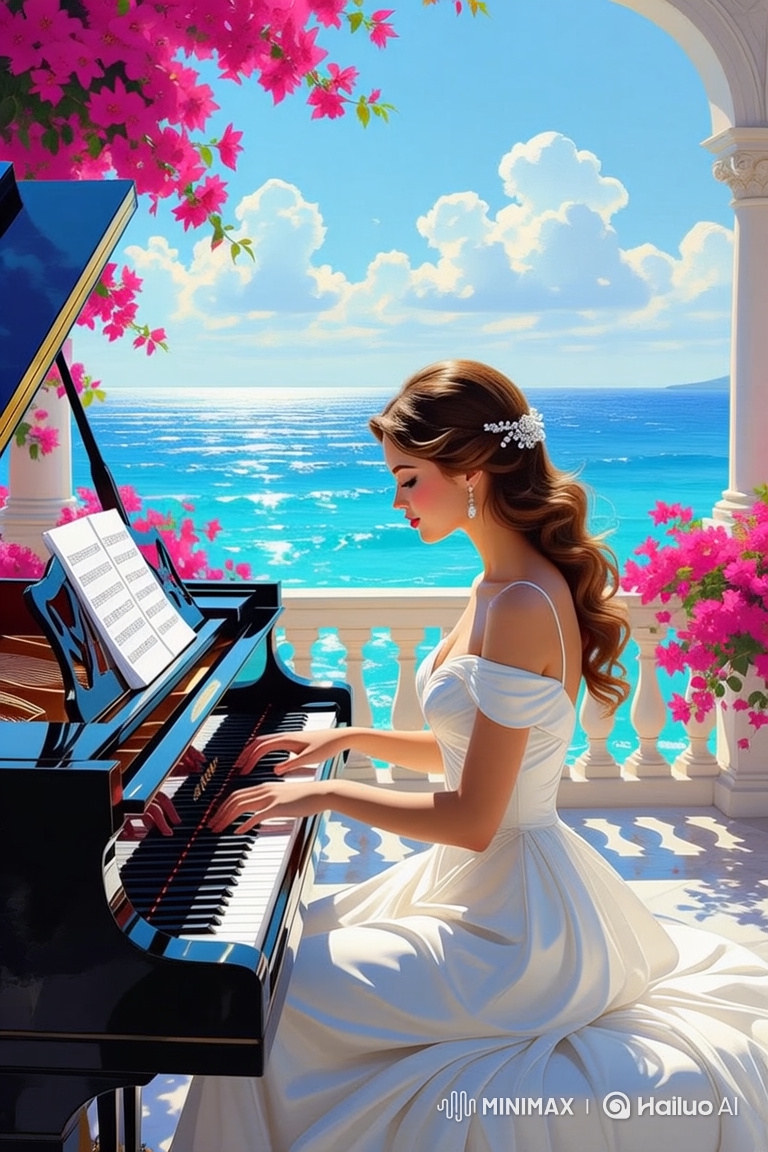 Woman Plays Piano on Seaside Balcony Amidst Nature's Beauty