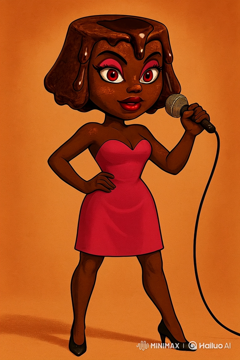 Stylized Woman Sings and Twirls Passionately in Red Dress
