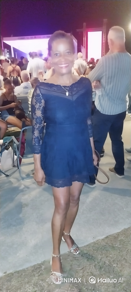 Woman in Blue Dress Navigates Crowded Night Event