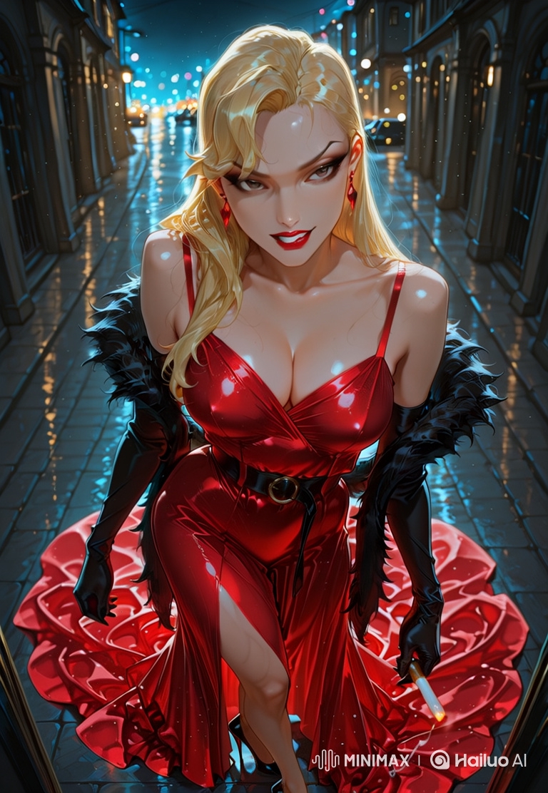 Mysterious Woman in Red Gown Smokes on Nocturnal City Street