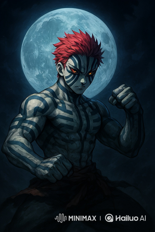 Martial Arts Dancer with Spiky Red Hair in Moonlit Performance