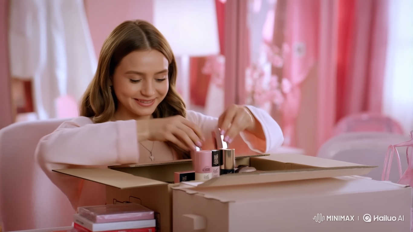 Young Woman Closes Makeup Order in Pink-Themed Room
