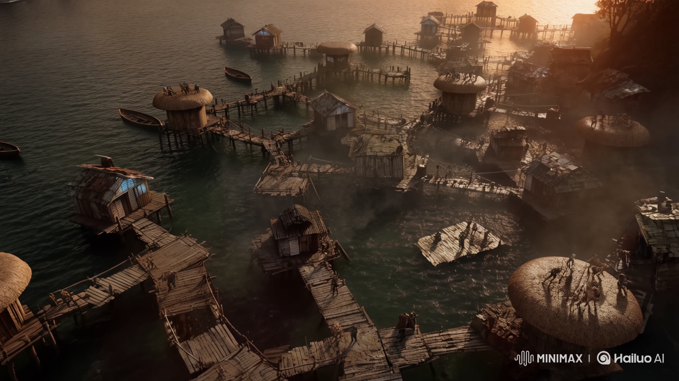 Dystopian Contrast: Sinking Slum vs. Floating City