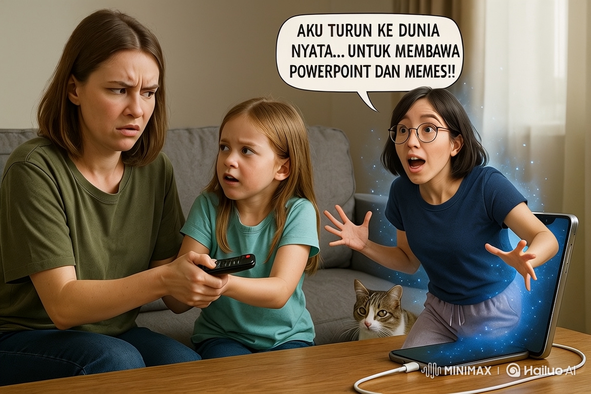 Woman, Girl and Laptop Figure Struggle for Remote