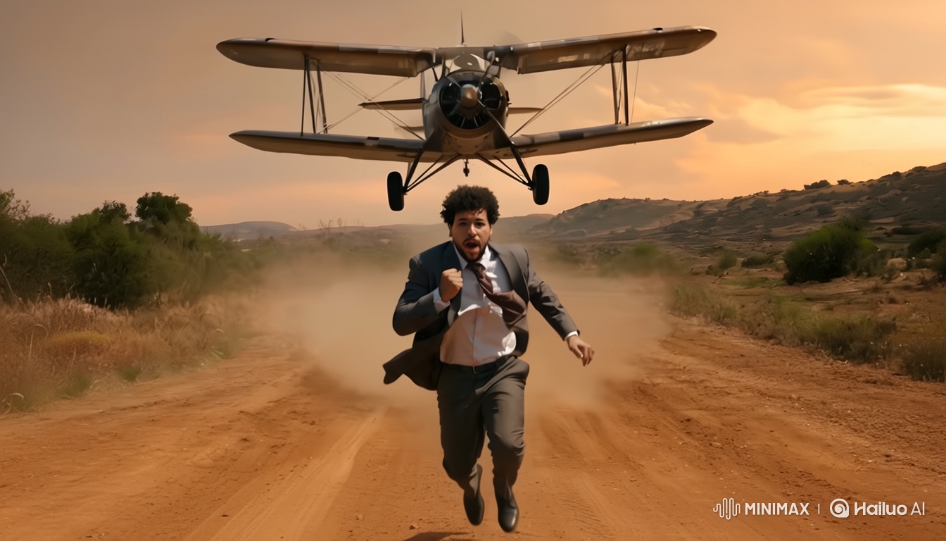 Man Fleeing Biplane in Intense Rural Chase