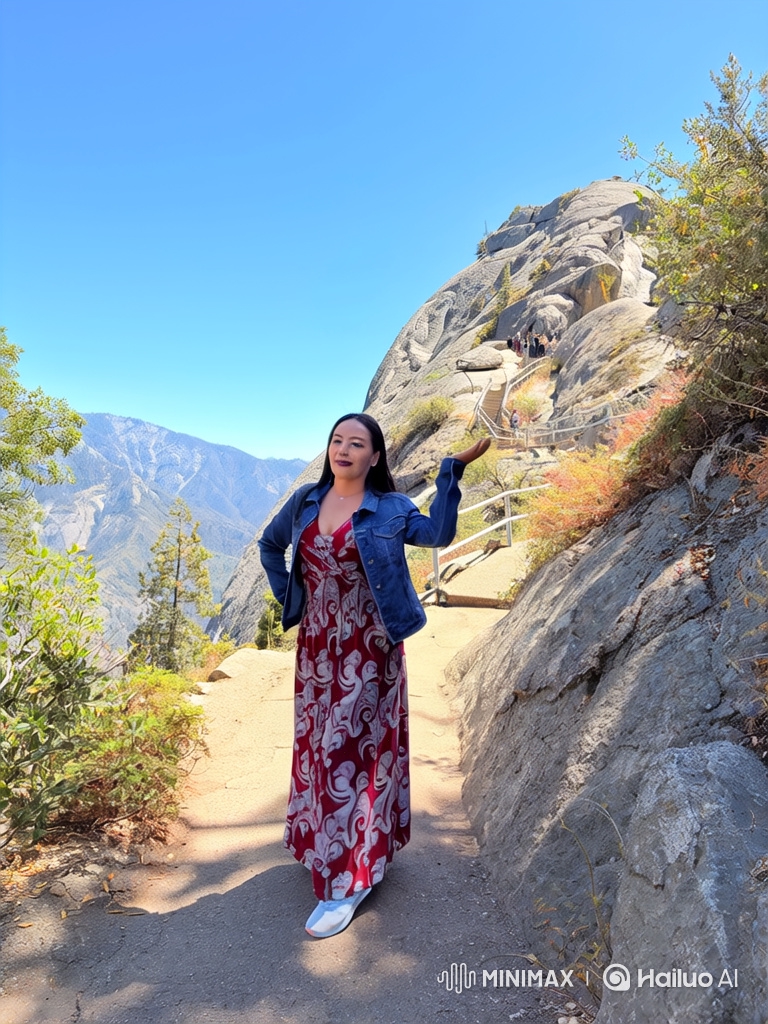 Woman in Maxi Dress Strolls Gracefully on Mountain Trail