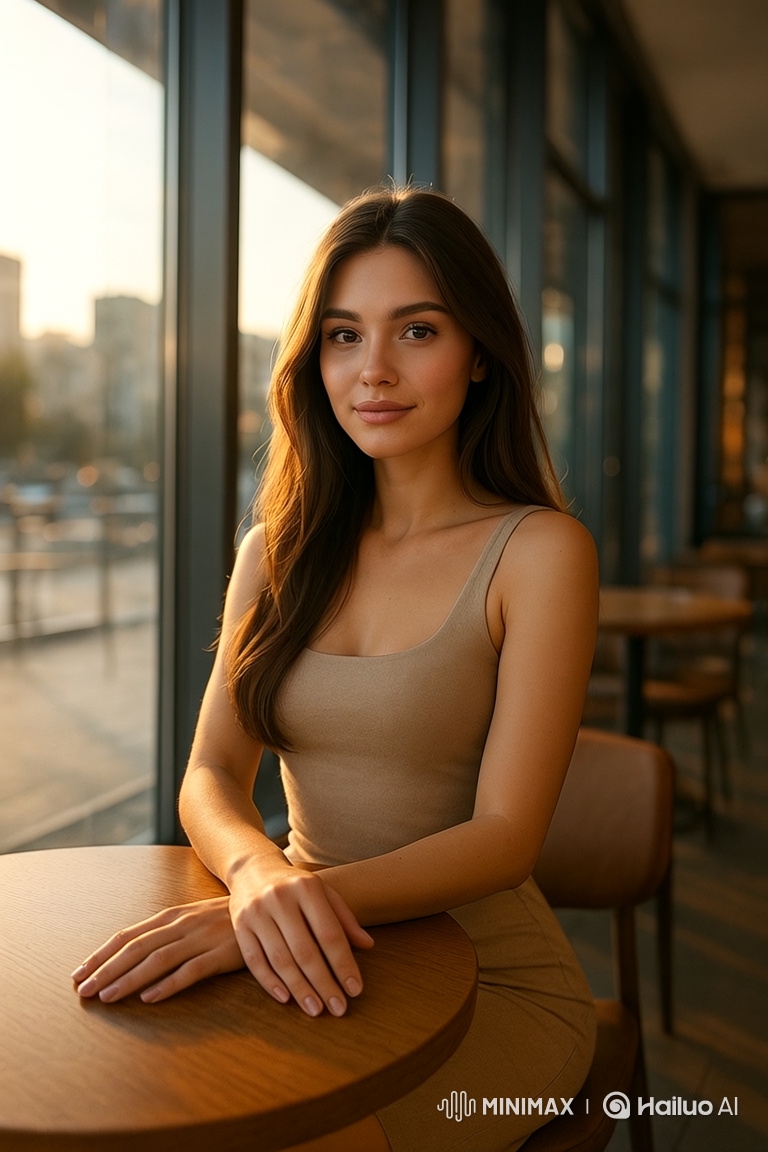 Portrait of a Young Woman in Golden Café Light