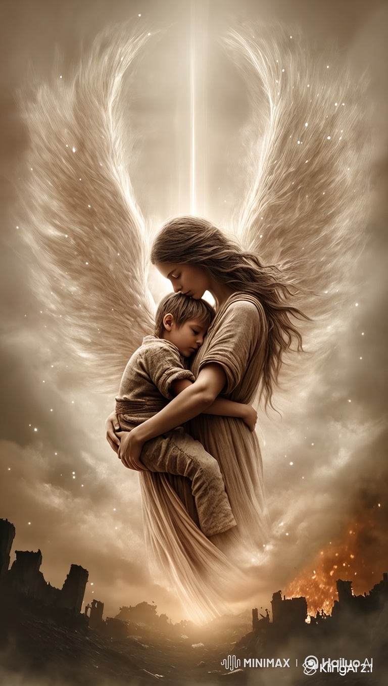 Mother's Ethereal Wings Shield Child in Chaotic Landscape