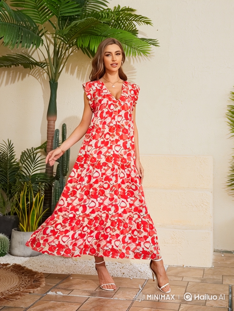 Woman in Floral Dress Showcases Poise and Grace