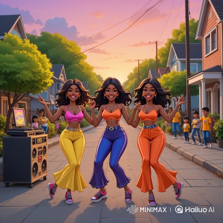 Three Women Dance Joyfully on Suburban Street
