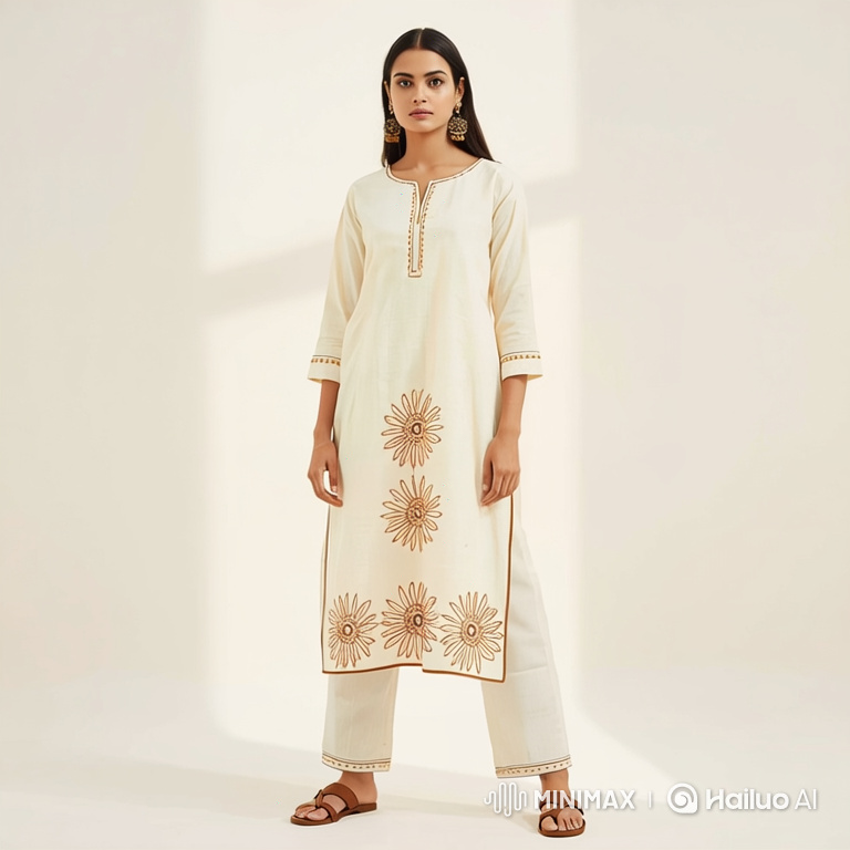 Model Showcases Elegant Cotton Tunic with Floral Embroidery