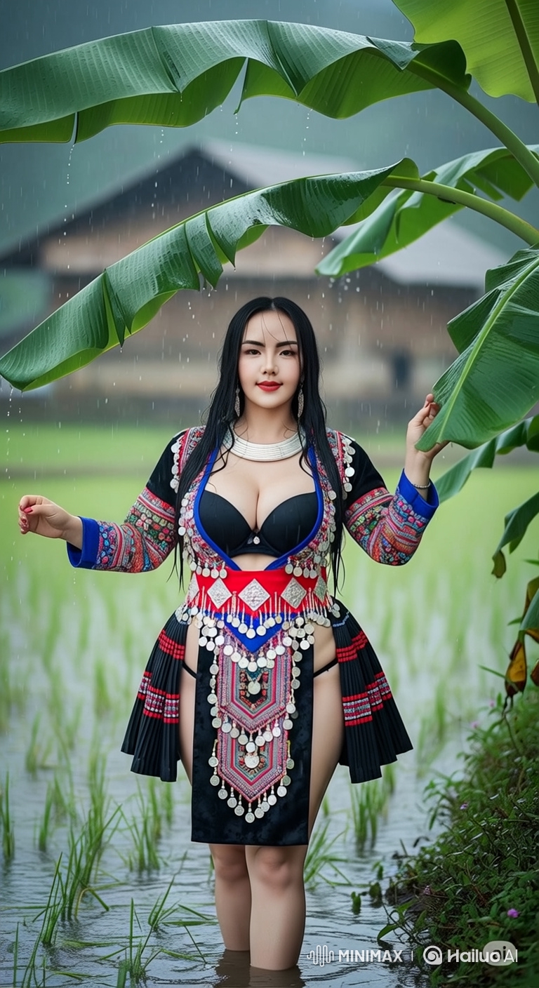 Dancer in Rainy Rice Paddy with Graceful Movements