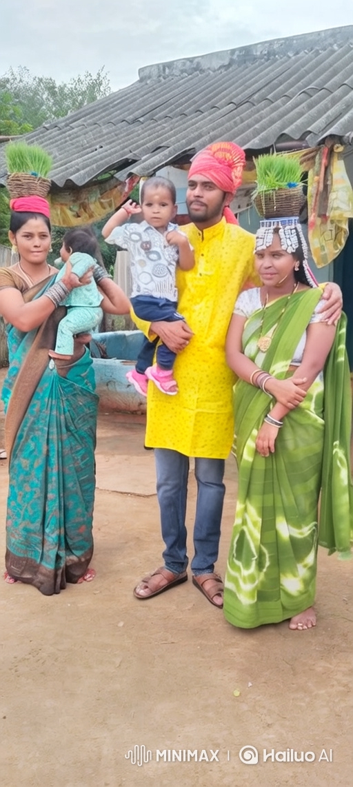 Village Family Poses for Photo with Smiling Toddler