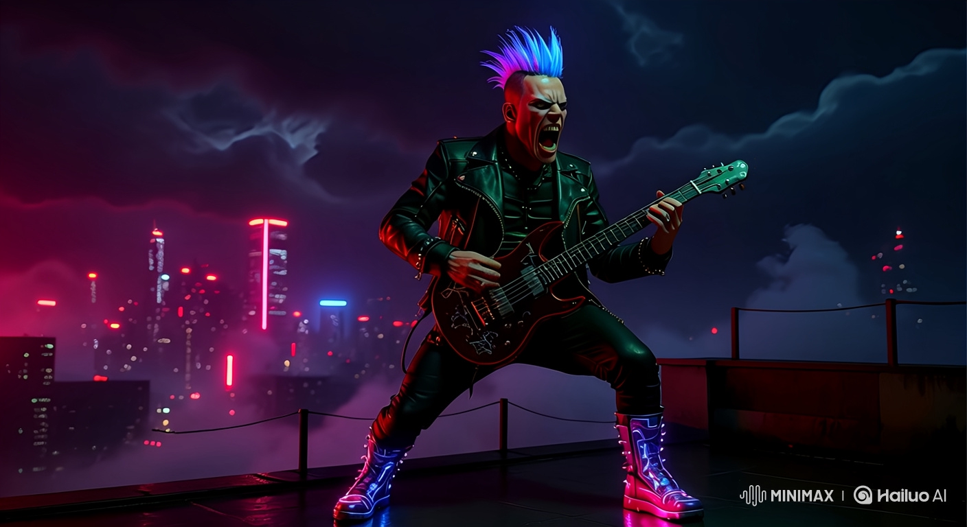 Punk Guitarist Rocks Rooftop in Cyberpunk Storm