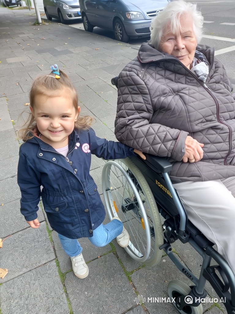 Young Girl and Elderly Woman Share a Moment on Sidewalk