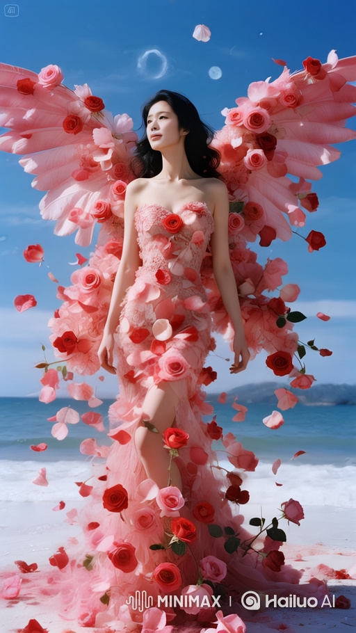 Ethereal Winged Woman Soars Over Beach in Rose Petal Dress
