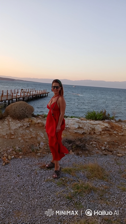 Woman in Red Dress on Shoreline with Gentle Breeze