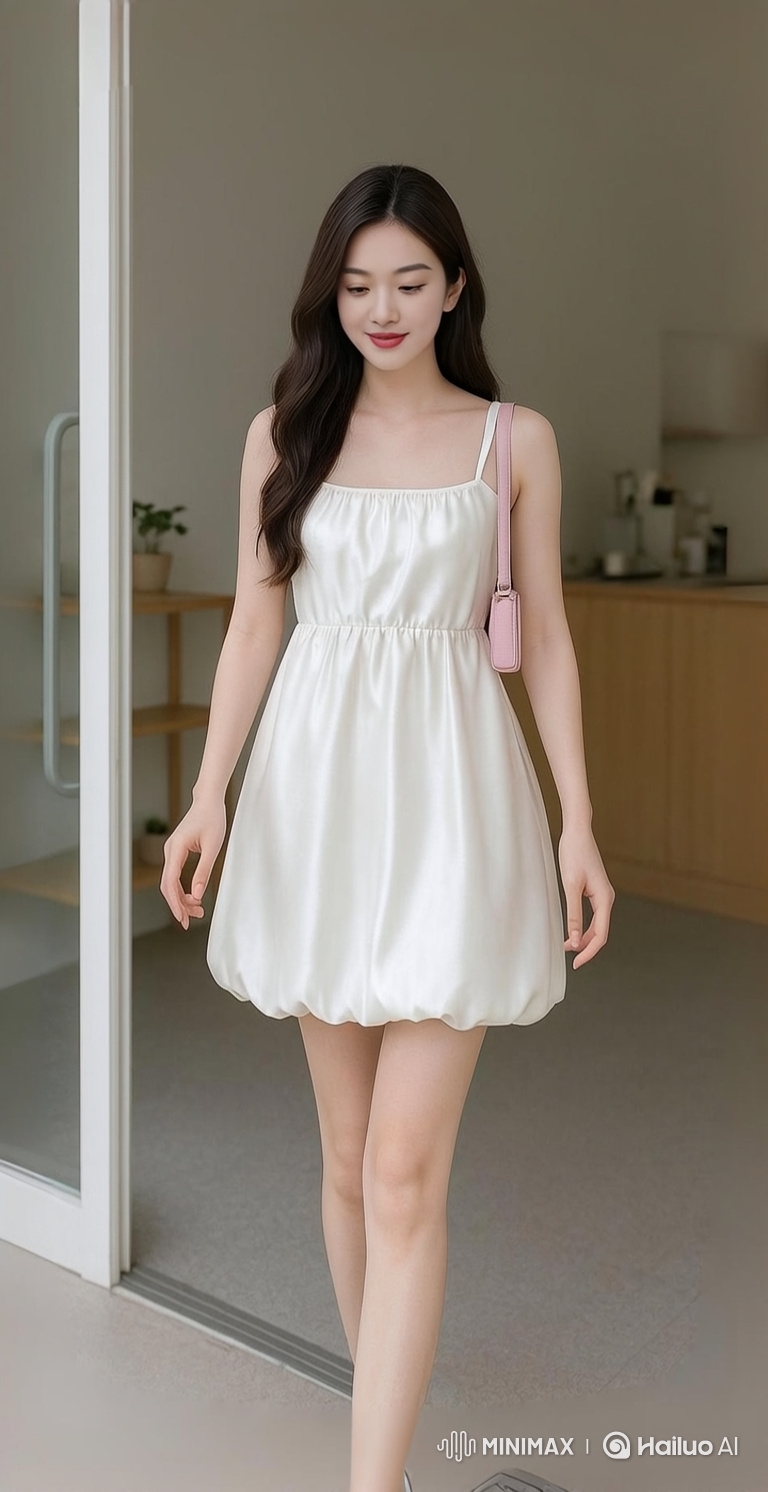 Young Woman Showcases Chic Dress in Minimalist Cafe Setting