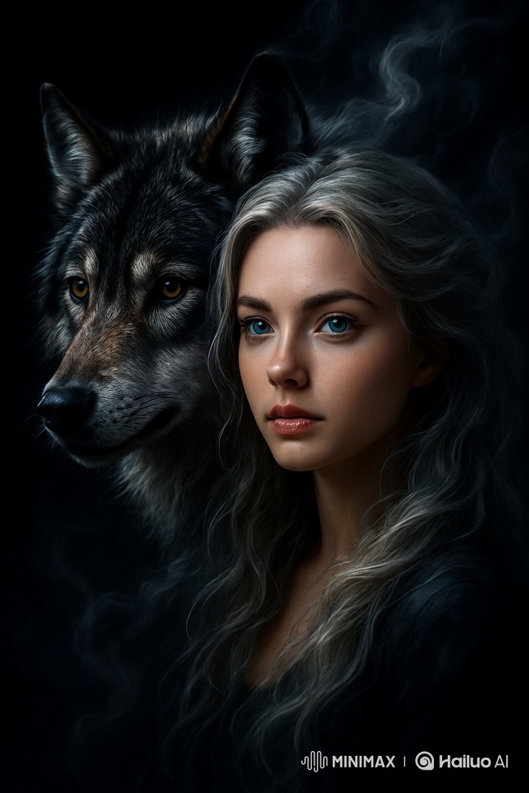 Mysterious Woman and Majestic Wolf in Dark Fantasy Portrait