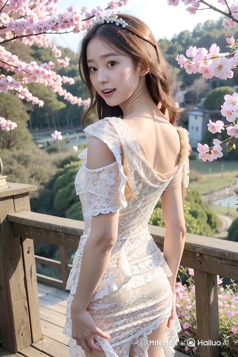 Young Woman in Lace Dress Enjoys Balcony View