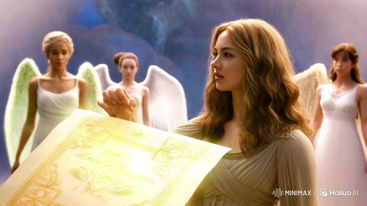 Young Woman in Majestic Gown Touches Celestial Scroll