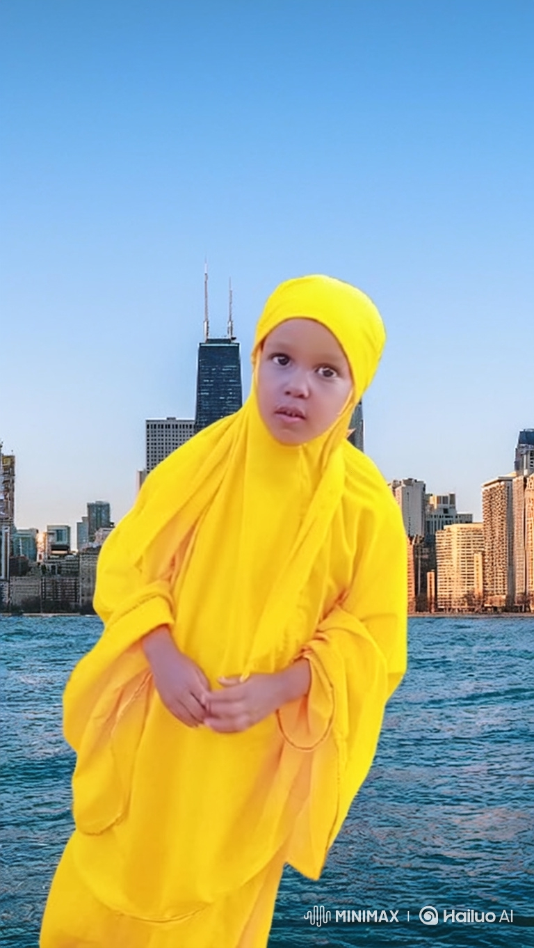 Dancing Girl in Yellow at Lake with City Skyline