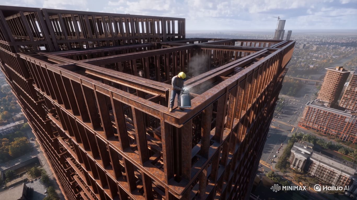 Heroic Welder Waves from Skyscraper's Summit