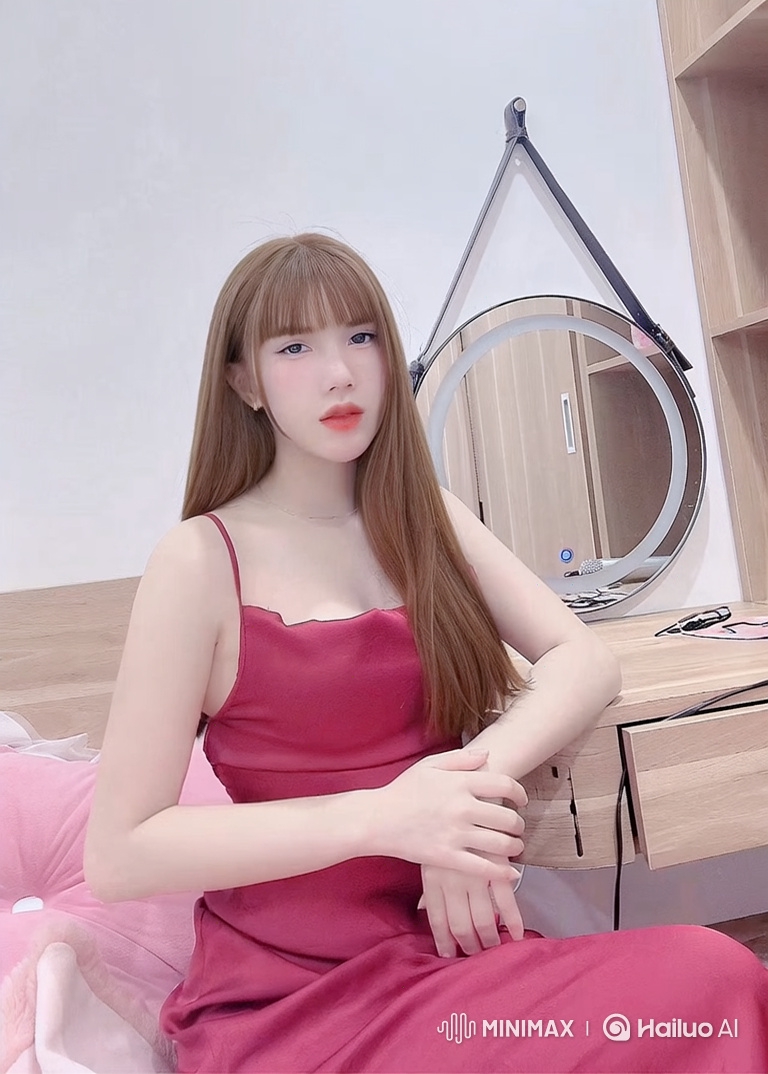 Young East Asian Woman in Satin Dress at Vanity