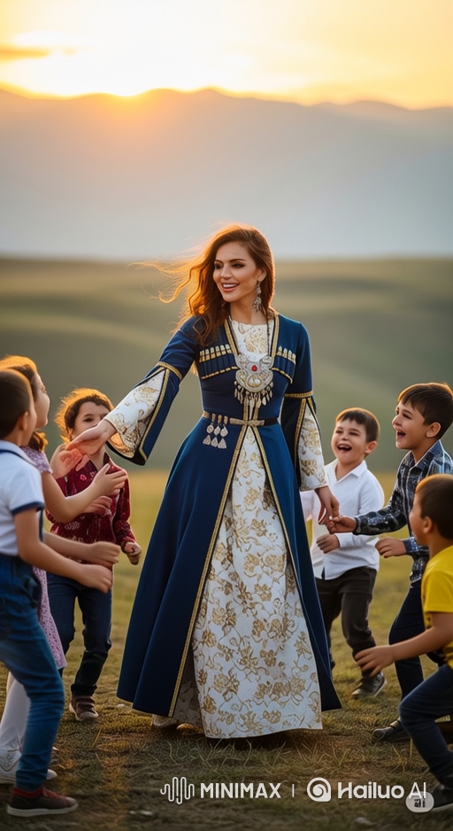 Woman in Traditional Dress Connects with Children at Sunset