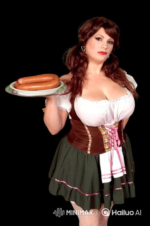 Woman in Traditional Dress Presents Sausage with a Subtle Smile