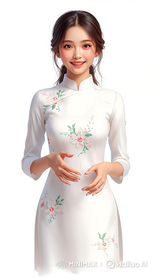East Asian Woman in Traditional Dress Waves Greeting