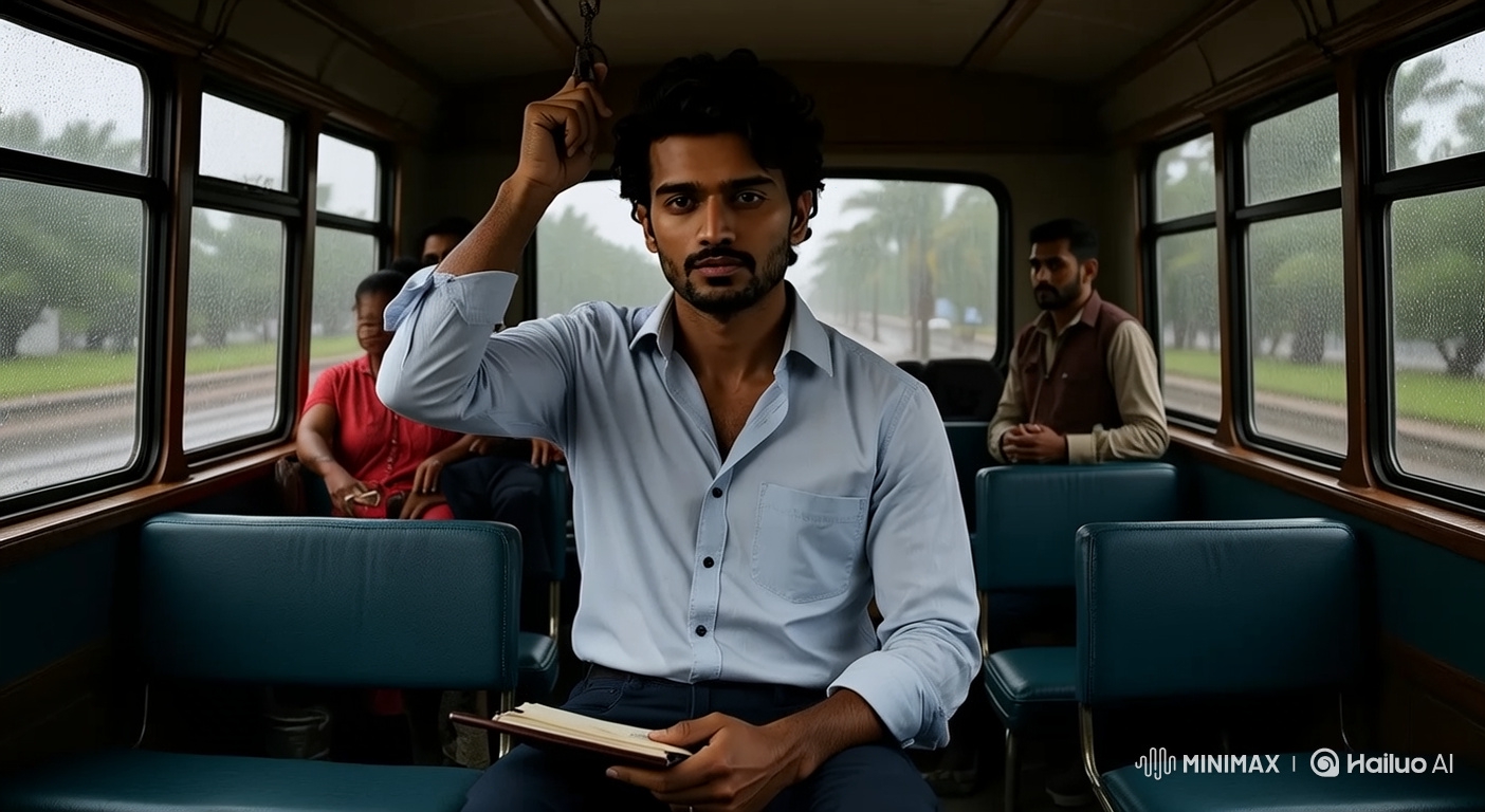 Indian Man in Crowded Bus During Monsoon Morning