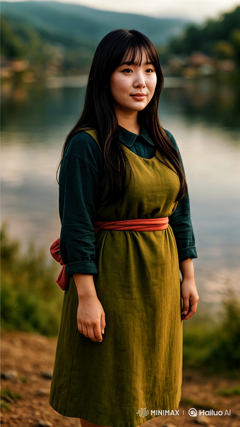 Shy Woman by Lake with Mountains at Golden Hour