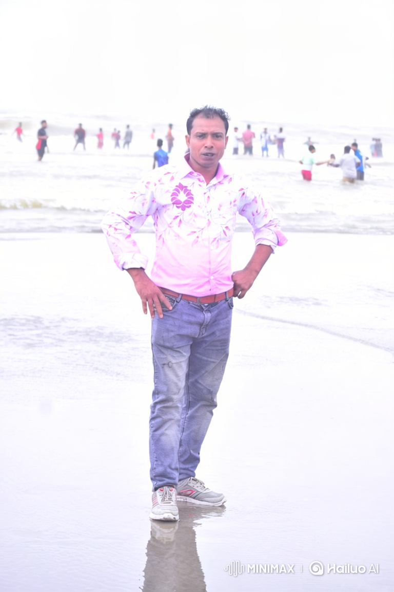 Man Enjoying Dance on Wet Beach with Ocean Background