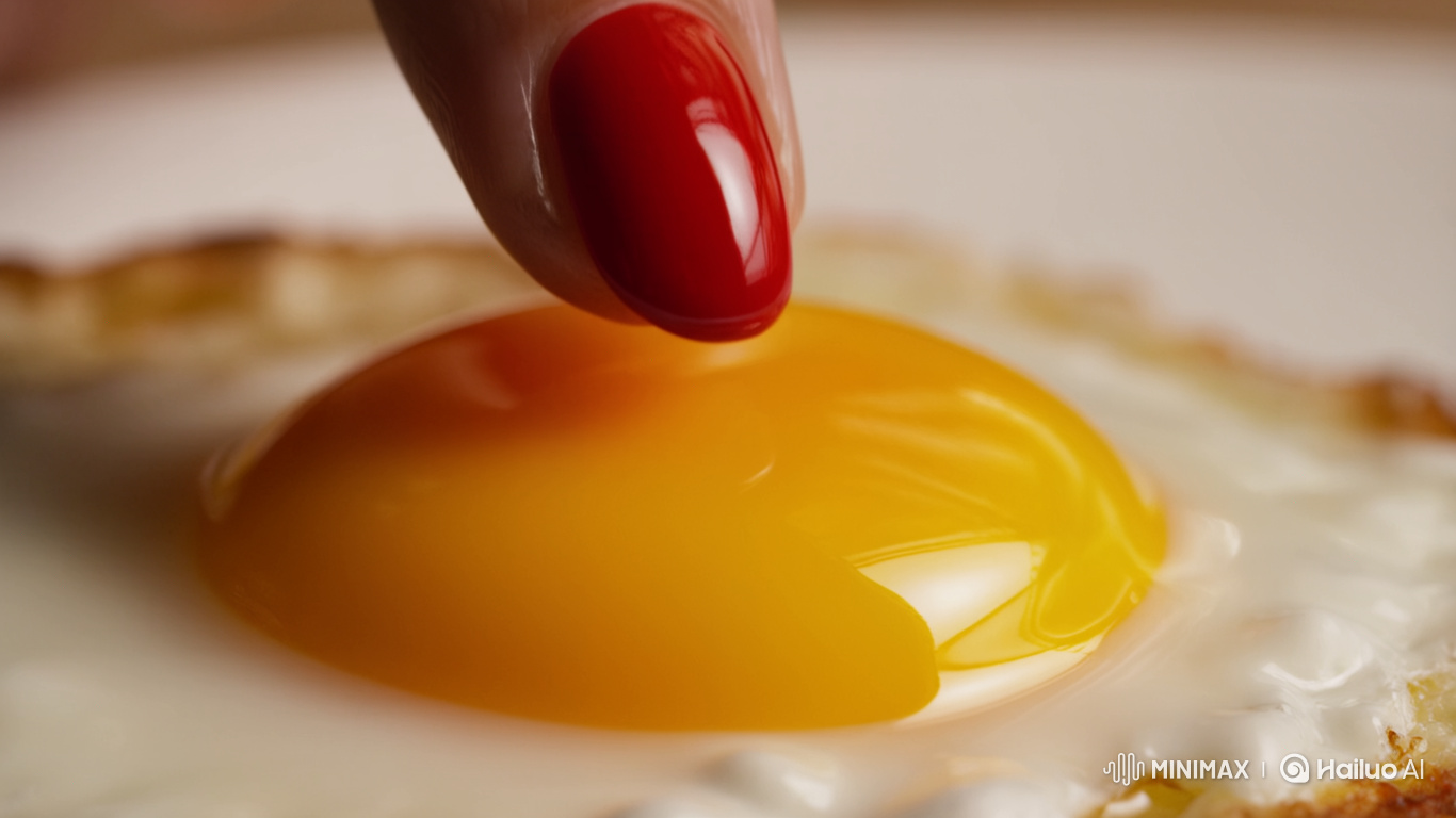 Manicured Finger Punctures Egg Yolk in Macro