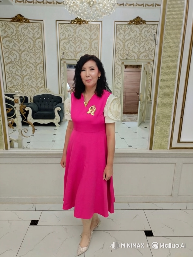Woman in Pink Dress Admires Chandelier in Elegant Room