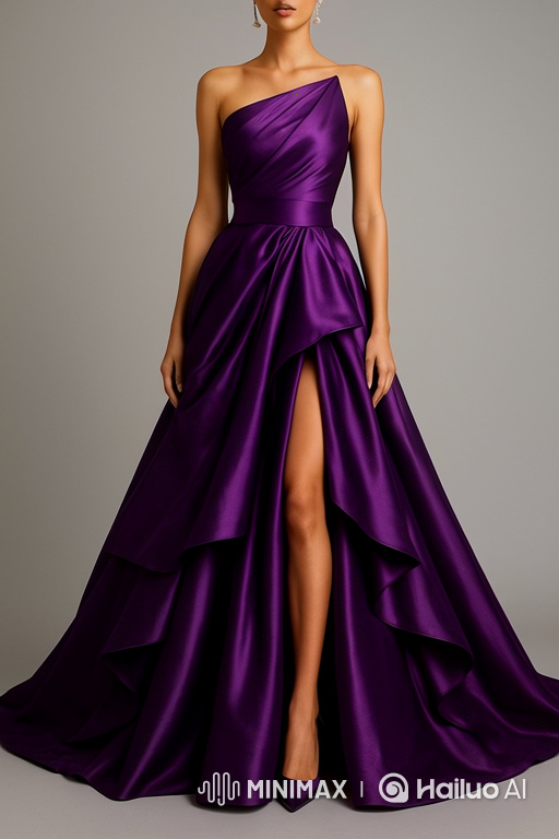 Elegant Model Showcases Purple Satin Gown on Minimalist Runway