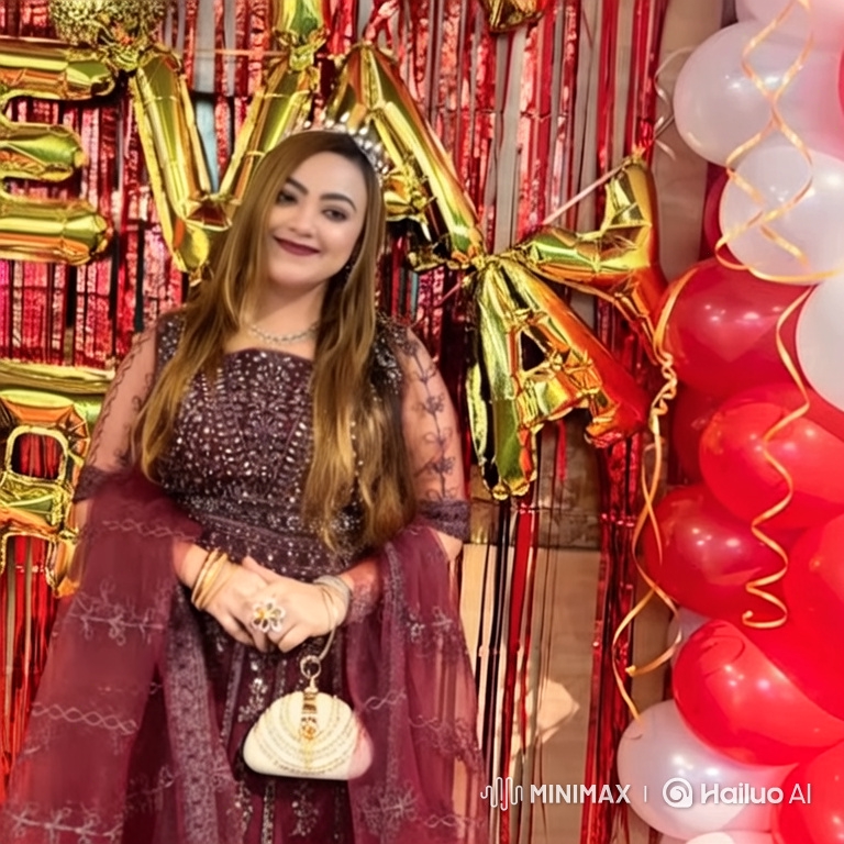 Woman in Elegant Red Dress with Sparkling Tiara and Balloons