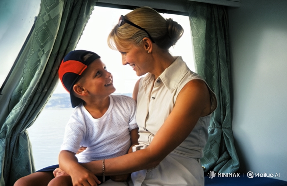 Mother and Son Embrace in Sunlit Boat Cabin
