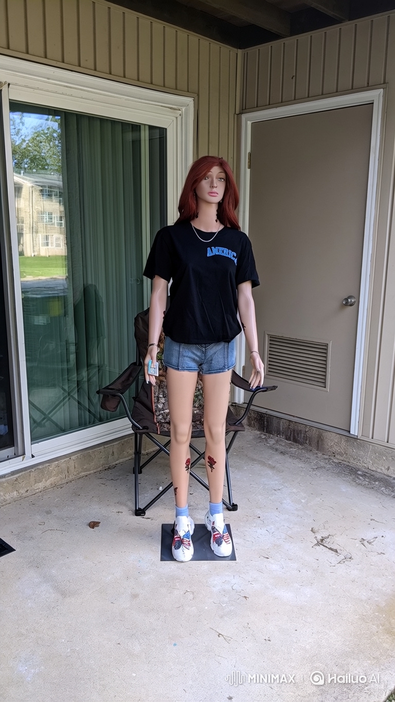 Female Mannequin Relaxing in Patio Chair with Patriotic Outfit