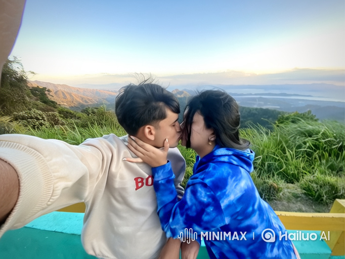 Young Couple Kisses as Daughter Joins in Mountain Scenery
