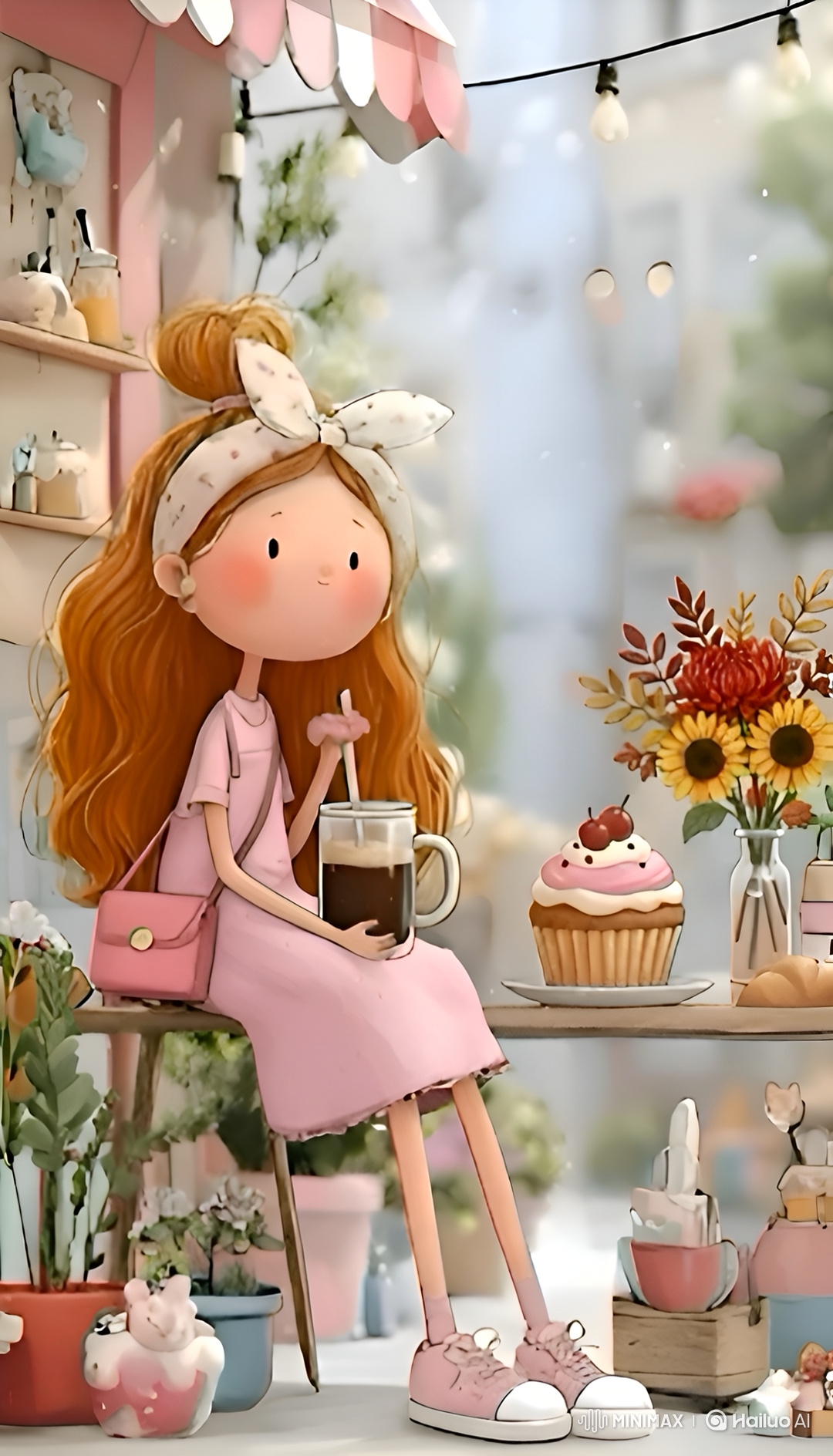 Girl Sips Drink at Cafe, Enjoying Nature's Beauty
