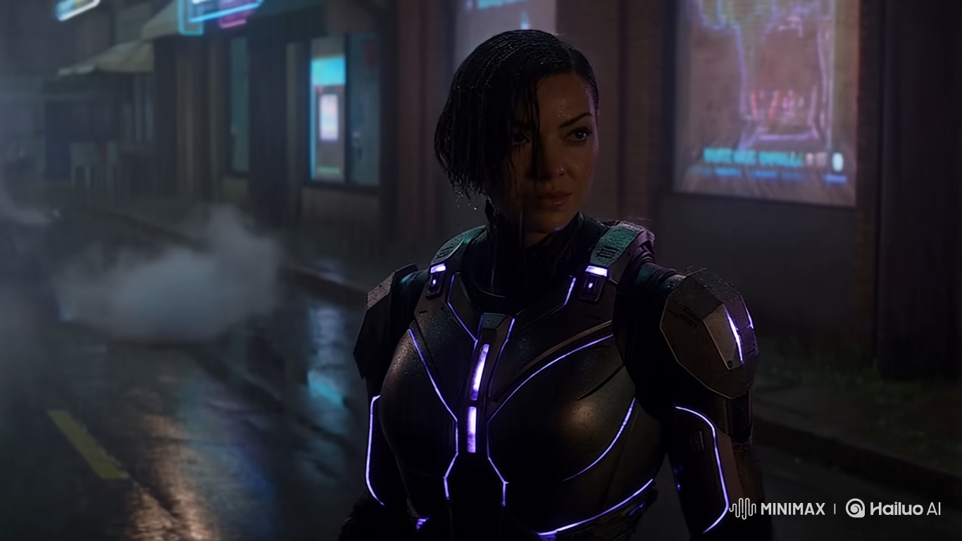 Cyberpunk Alley: Focused Female Protagonist in Exo-Suit