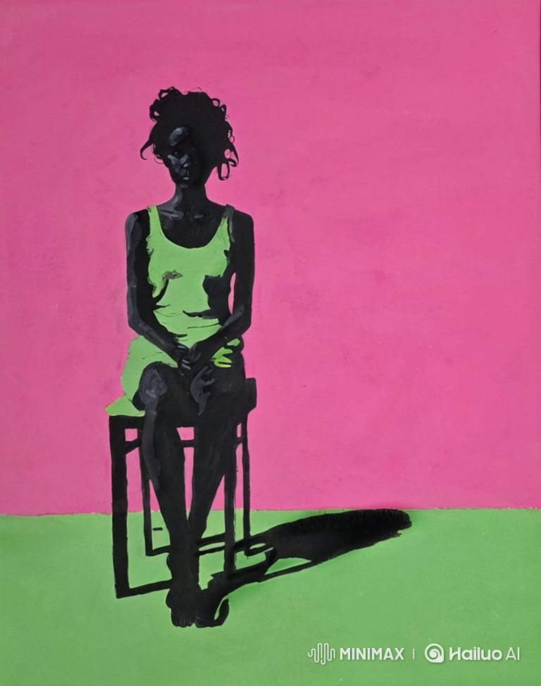 Stylized Portrait: Figure in Green on Pink Background