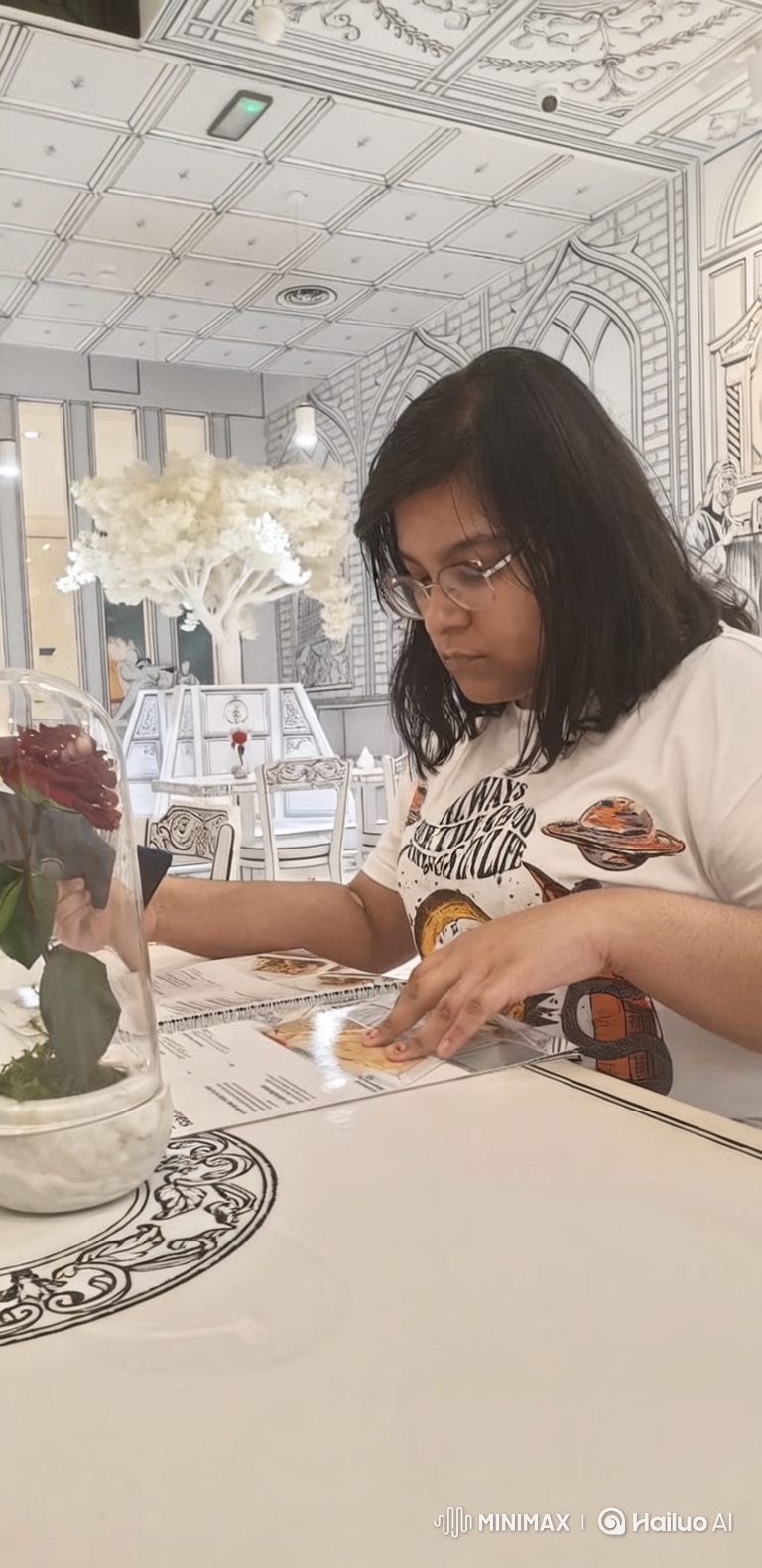 Young Woman in Space-Themed Cafe Prepares for Family Portrait in Museum of the Future