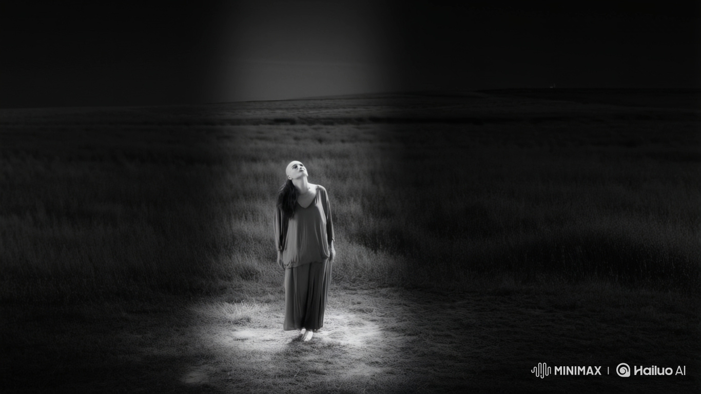 Bald Dancer Levitates in Contemplative Grassland Light Ballet