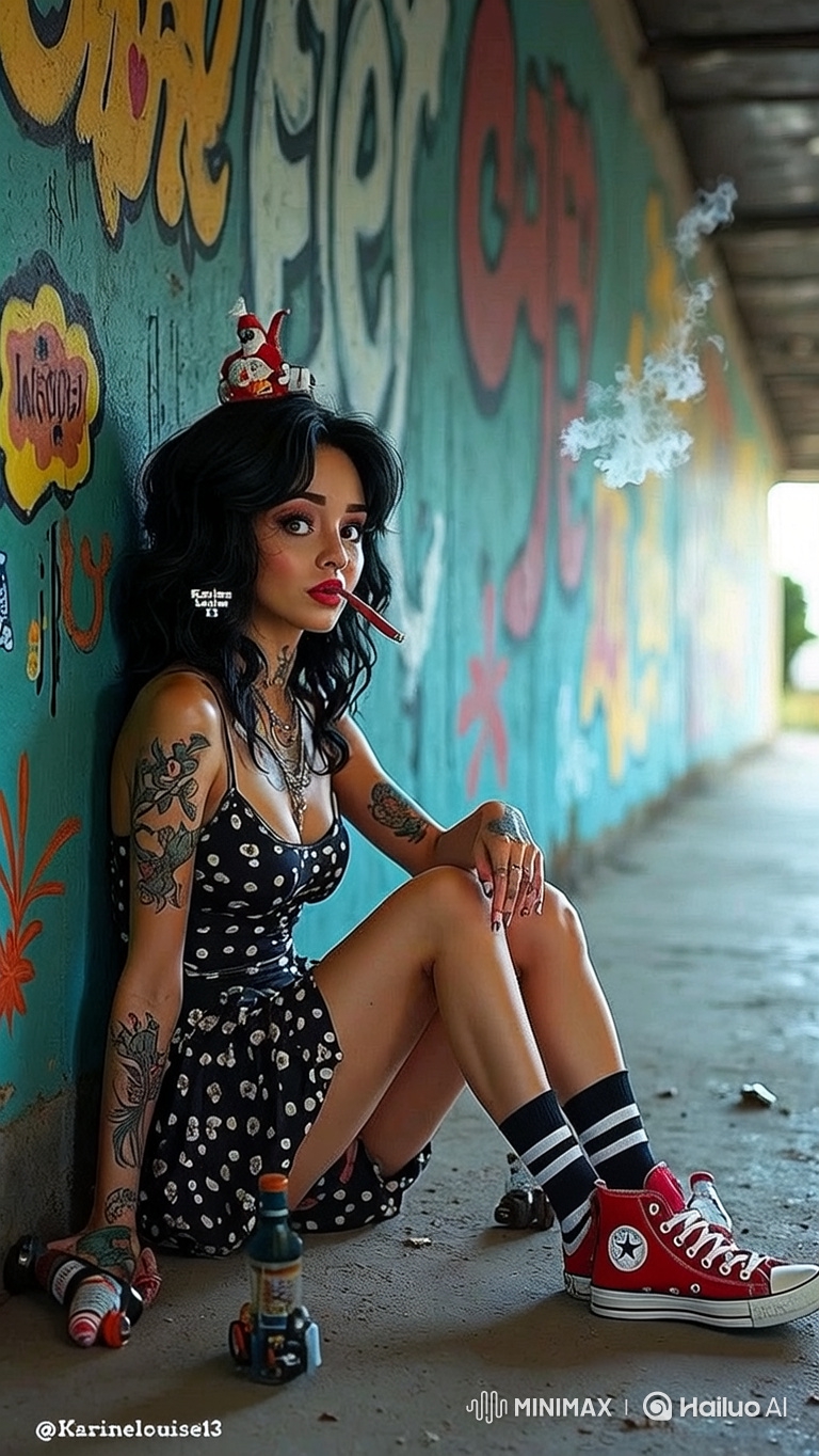 Young Woman Enters Surreal Wonderland in Graffiti Underpass