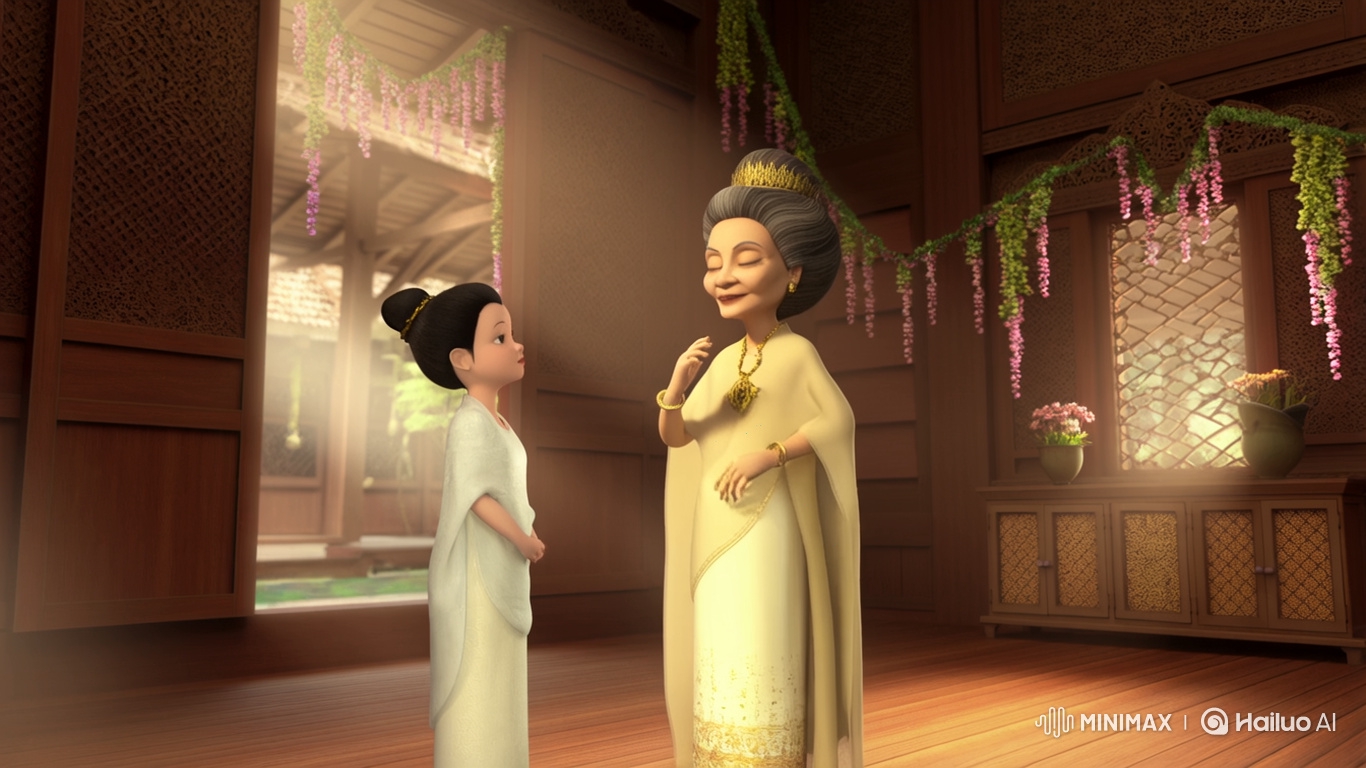 Elderly Woman Teaches Young Girl Thai Dance