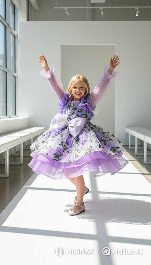 Joyful Girl in Purple Dress Dances on White Runway